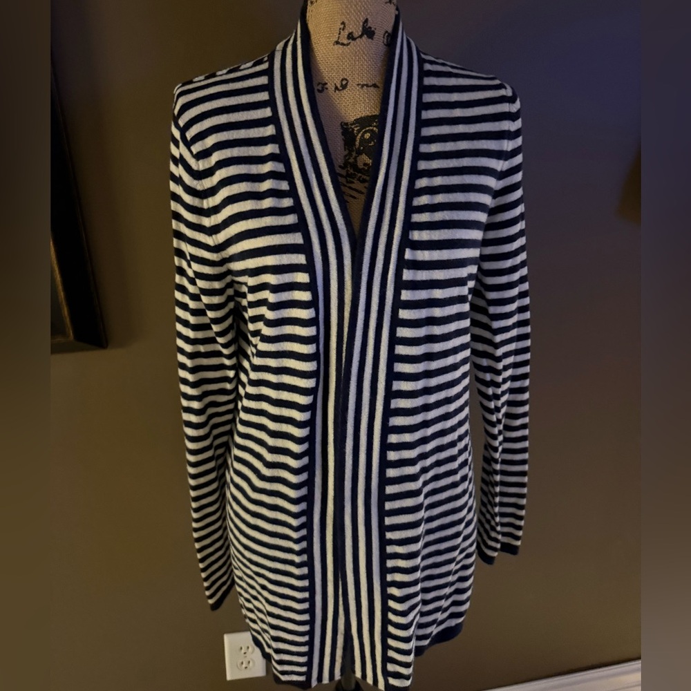 Talbots Navy and White Striped Cardigan